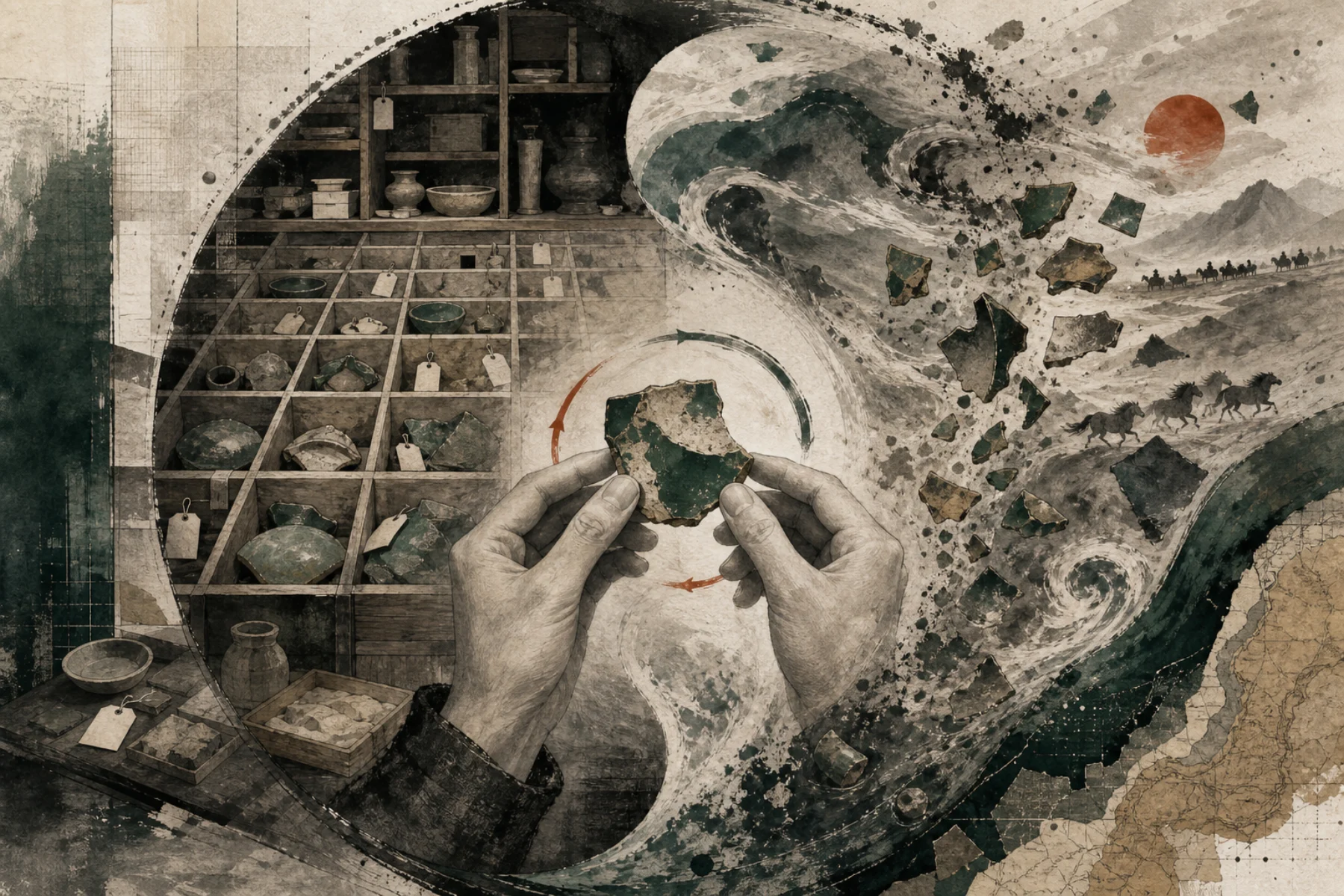 静态网格和流动金线交织的阴阳方法概念插画