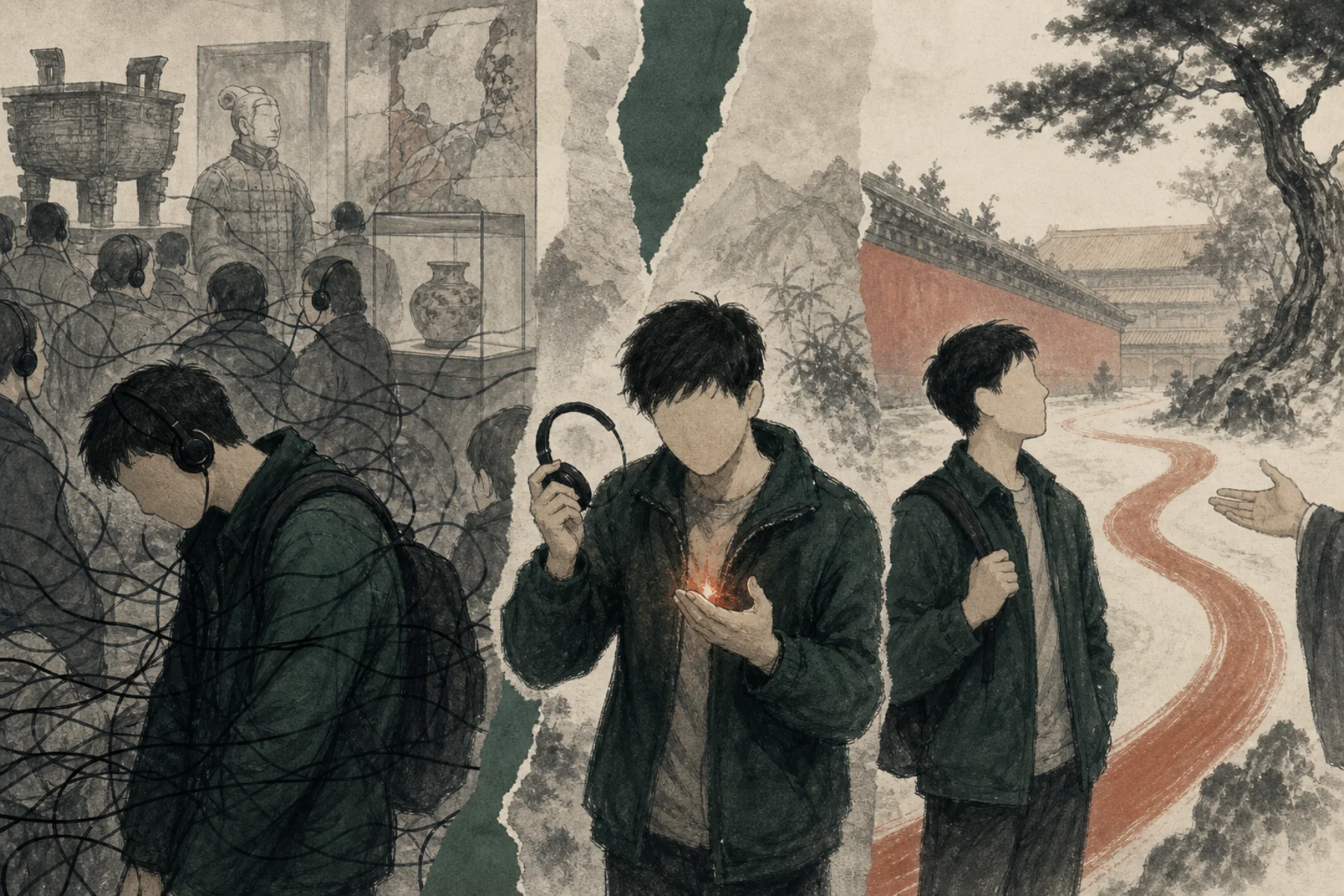 从嘈杂耳机到清晰心流的三段式概念插画