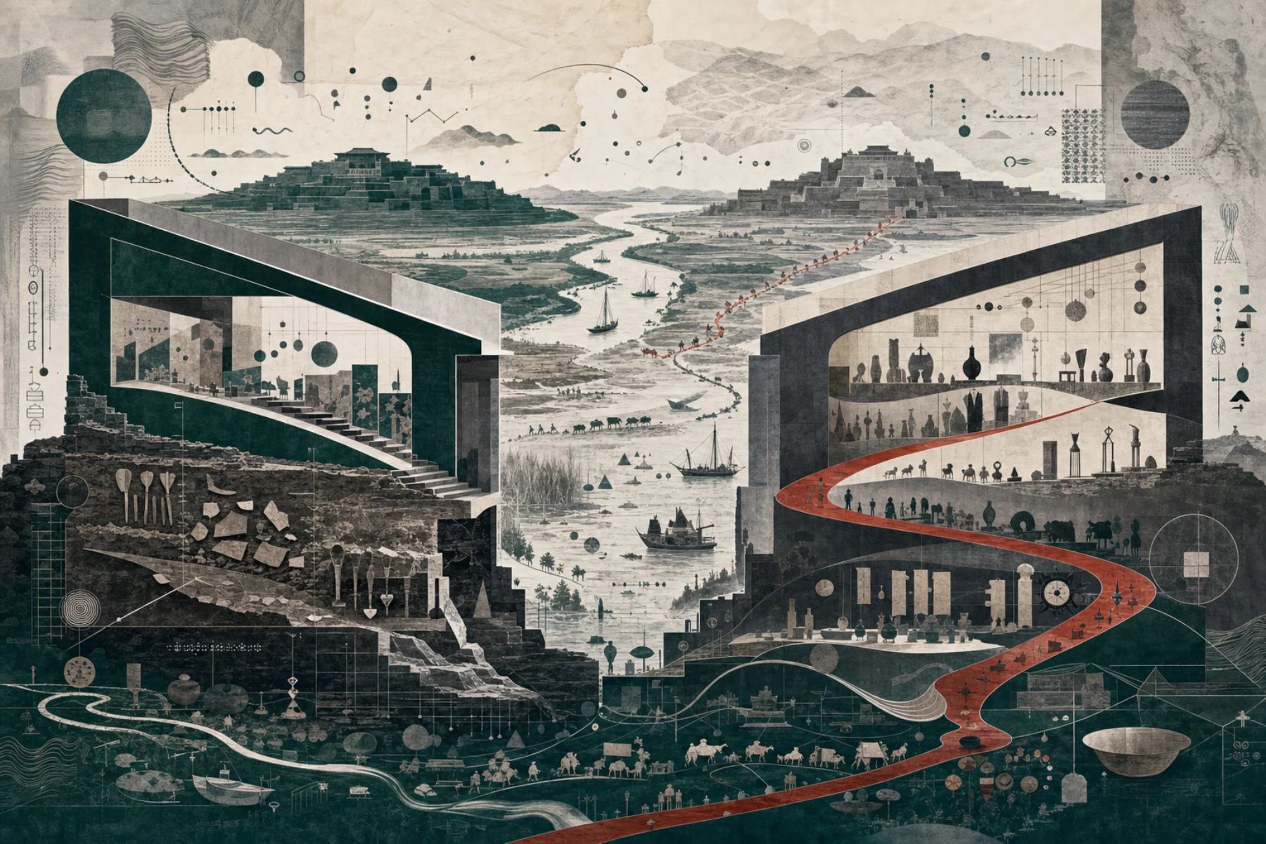 两座博物馆与多方向文明网络相连的概念插画